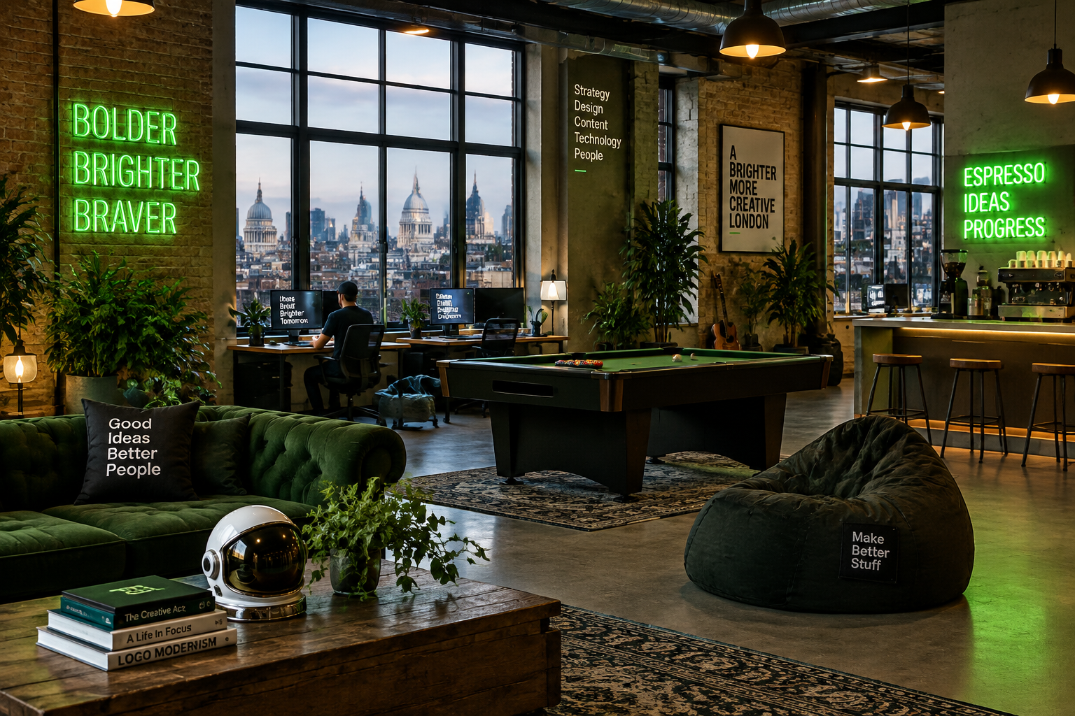 Tingdea Londra ofisi: tuğla duvarlı loft, bilardo masası ve espresso bar